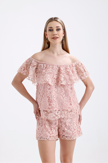 Sense Flounce Detailed Lined Lace Blouse |   Blz33454 Powder