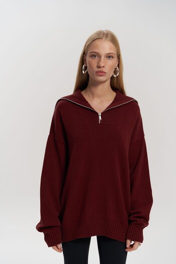 MAİ COLLECTİON Lorna Zippered Claret Red Knitwear Sweater
