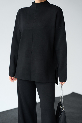 LOOSH Women's Black Premium Texture Sweater Wide Cut Pants 2-Piece Knitwear Set
