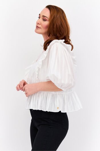 Scotch & Soda Women V Neck Puffed Sleeve Textured Top, White