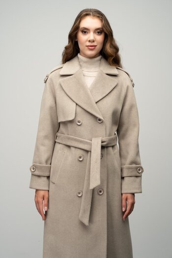 Olcay Double Breasted Coat - Epaulet and Cloak Detailed, Raglan Sleeve STONE 3045