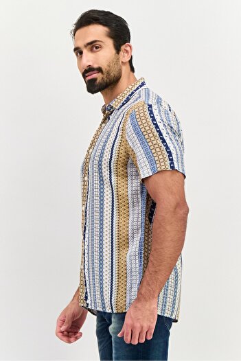 Perry Ellis Men Regular Fit Allover Print Short Sleeves Casual Shirt, Off White Combo