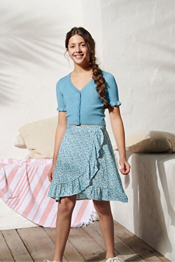 Tchibo Kids Girl Floral Print Midi Skirts, Turquoise