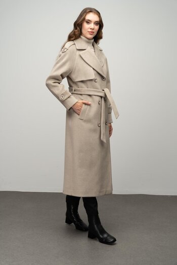 Olcay Double Breasted Coat - Epaulet and Cloak Detailed, Raglan Sleeve STONE 3045