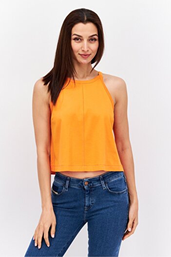 Esprit Women Tie Neck Sleeveless Solid Top, Orange