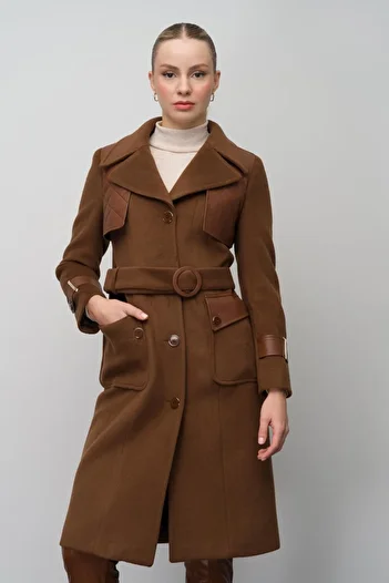 Olcay Men's Coat with Leather Cape and Garni Detail - Tube 3083