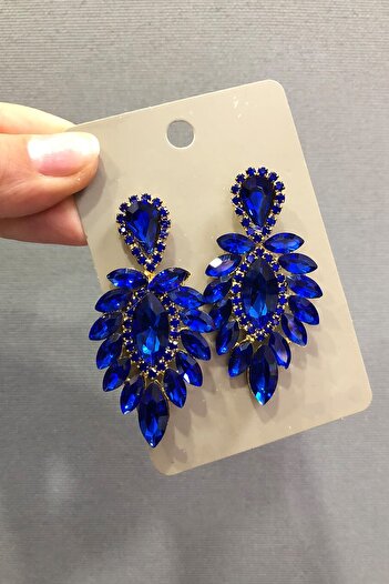 Hayalperest boncuk Saks Mavisi Kristal Taşlı Sarı Oval Küpe