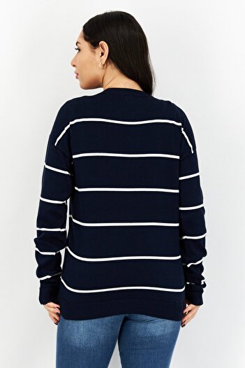 Aigle Women Crew Neck Stripe Sweaters, Navy