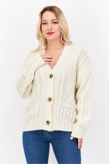 Dex Women V Neck Textured Cardigans, Off White
