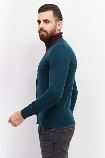 CELIO Men V Neck Long Sleeve Plain Cardigans, Dark Green