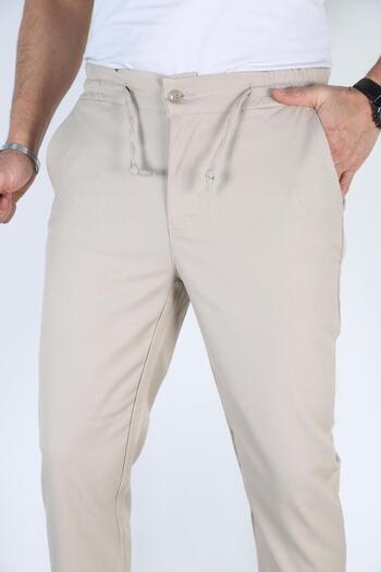 Bürke Men's Cream Color Elastic Waist Lace-Up Quality Casual Winter Trousers