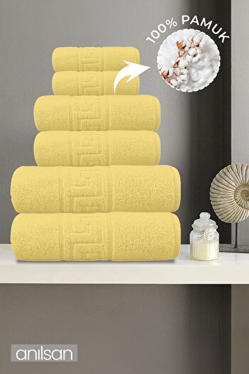 Anılsan Set of 6 Yellow Greek Towels - 2 Hand Towels 50X90 2 Face Towels 50X30 2 Bath Towels 70X140