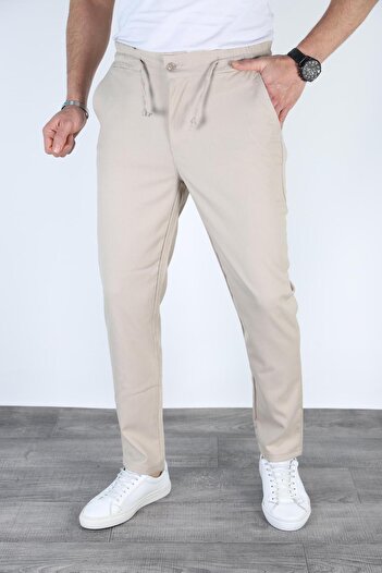 Bürke Men's Cream Color Elastic Waist Lace-Up Quality Casual Winter Trousers