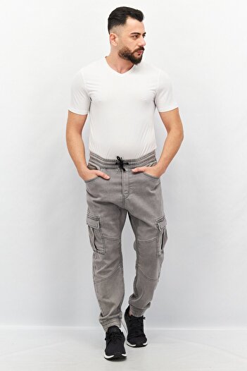 CELIO Men Regular Fit Washed Drawstring Denim Cargo Pants, Light Grey