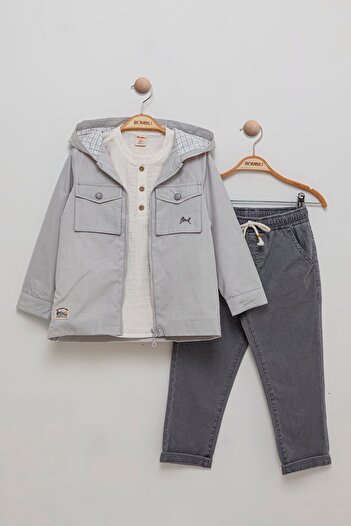 Bombili Muslin Blouse, Elastic Waist Pants and Hooded Coat for Boys - Set of 3