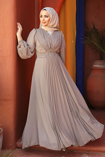Neva Style Drape Detaylı Vizon Tesettür Abiye Elbise 4448v