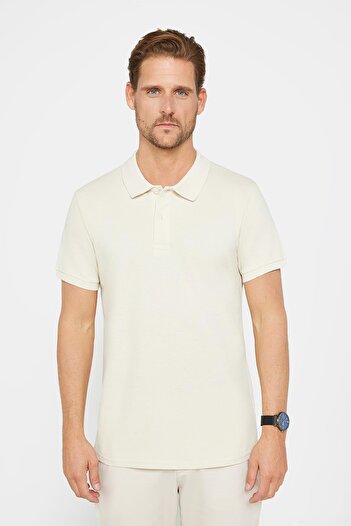 Tudors Men's Slim Fit Slim Fit 100% Cotton Plain Pique Ecru Polo Collar T-Shirt
