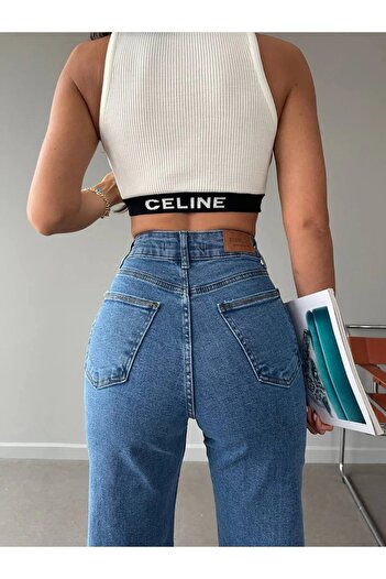 Trn JNS Loiss Orta Mavi Likralı Süper Yüksek Bel Salaş Jeans Palazzo Pantolon. (süper Yüksek)