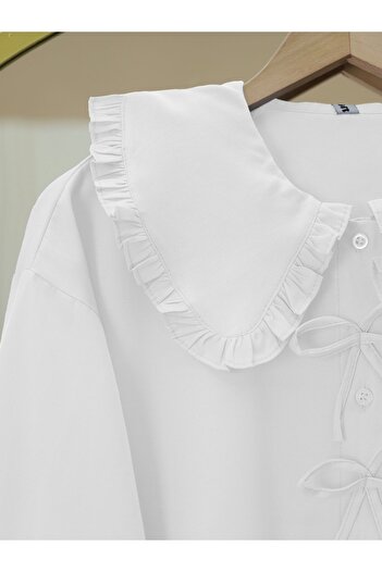 Modamorfo Baby Collar Poplin Shirt with Bow Detail on the Front - White