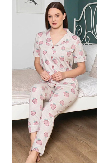 Kocabey Alissa 6251 Women's Strawberry Patterned Placket Pajamas Set