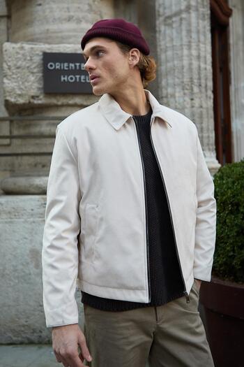 Danger Men's Leather Detailed Suede Ecru Jacket Coat