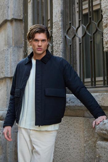 Danger Waterproof Quilted Black Jacket Coat with Contrast Collar