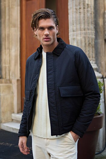 Danger Waterproof Quilted Black Jacket Coat with Contrast Collar