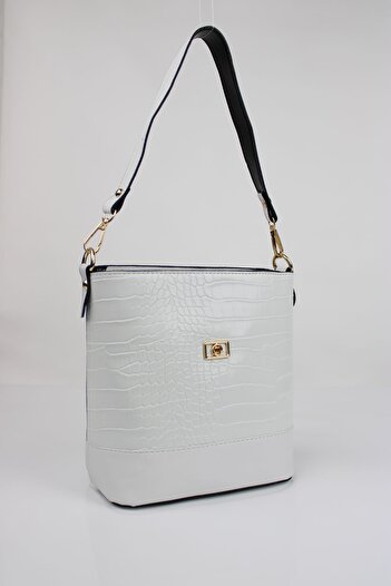 mossi White Crocodile Skin Look Double Strap Women's Shoulder Bag