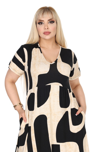 MELSAY Women's Plus Size V-Neck Short Sleeve Beige Geometric Pattern Robe Dress