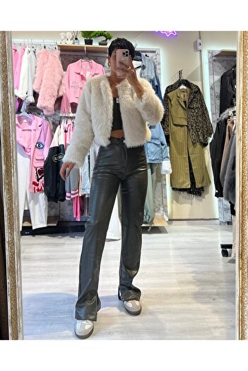 Tamor Butik Haki Premium Paça Yırtmaçlı Suni Deri Pantolon