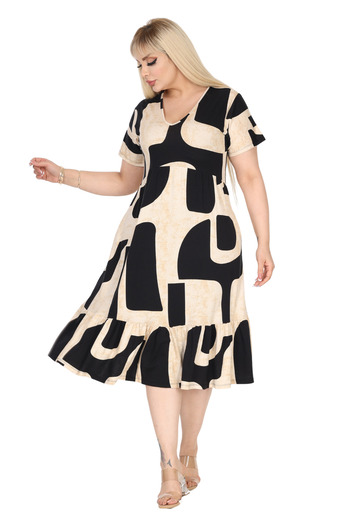 MELSAY Women's Plus Size V-Neck Short Sleeve Beige Geometric Pattern Robe Dress