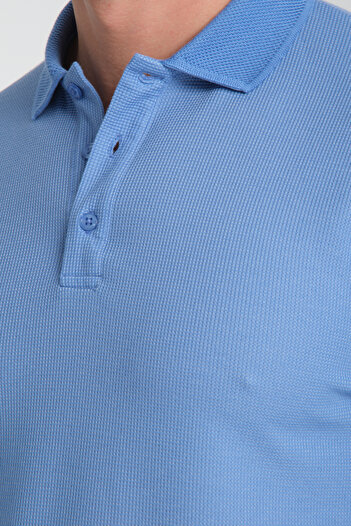 Frappoli Ανδρικό μπλουζάκι Walfer - Blue Slim Fit Waffle Polo Collar T-shirt 100% βαμβακερό ύφασμα που δεν προσποιείται