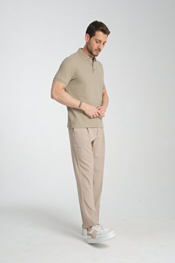 Frappoli Walfer Erkek Vizon %100 Pamuk Waffle Çekmeyen Kumaş Slim Fit Kıvrılmaz Polo Yaka Tişört