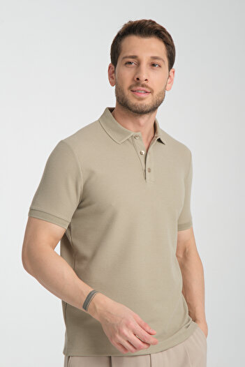 Frappoli Walfer Erkek Vizon %100 Pamuk Waffle Çekmeyen Kumaş Slim Fit Kıvrılmaz Polo Yaka Tişört