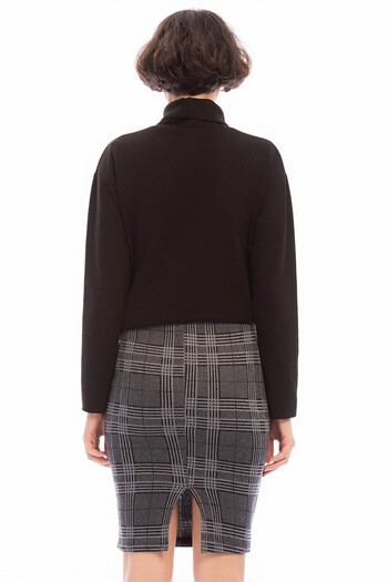 Cotton Mood 8505072 Plaid Line Pattern Elastic Waist Slit Pencil Skirt Gray