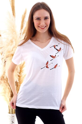 Cotton Mood 20052935 Single Jersey T-Shirt with Stork Embroidery on the Shoulder, V-Neck, Short Sleeve, Ecru