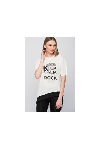 Cotton Mood 8101001 Keep Calm Printed Left Collar Cut Short Sleeve Tunic Ecru