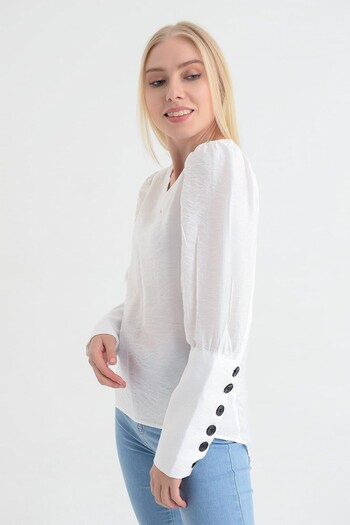 Cotton Mood 9151526 Bodrum Kum.Arkı Back Sleeve Buttoned Blouse Ecru