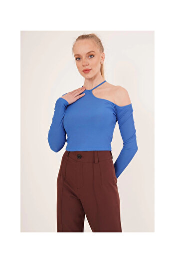 Cotton Mood 23254279 Camisole One Shoulder Neckline Drawstring Crop Blouse Blue