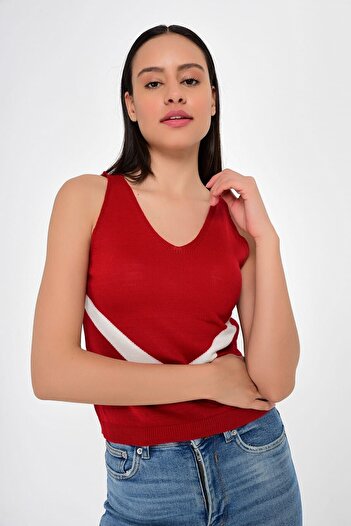 Cotton Mood 9206172 Knitwear V Striped Strappy Sweater Red