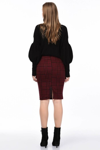 Cotton Mood 8515175 Goose Foot Patterned Elastic Waist Slit Pencil Skirt Bordo