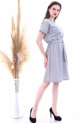 Cotton Mood 9292931 Two-Piece Elastic Waist Batwing Sleeve Dress Gray Melange