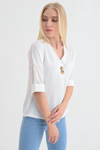 Cotton Mood 9152879 Kobe Collar Buttoned Capri Sleeve Blouse Ecru