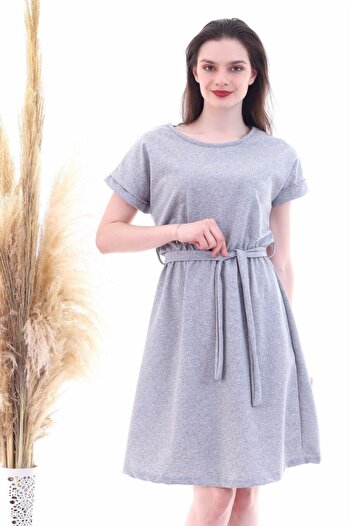 Cotton Mood 9292931 Two-Piece Elastic Waist Batwing Sleeve Dress Gray Melange