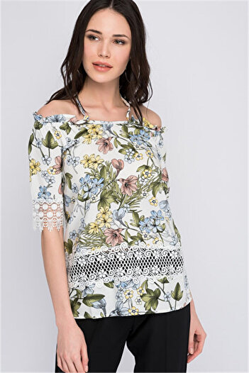Cotton Mood 8120798 Viscose Patterned Sleeve Skirt Laced Blouse Ecru Flower Pattern