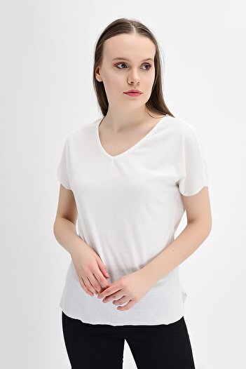 Cotton Mood 9132735 Camisole V-Neck Salash Short Sleeve Blouse Ecru