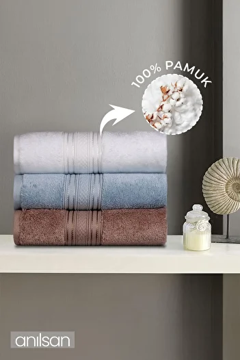 Anılsan Set of 3 Super Soft Bordered Hand Towels - 50X90 Cm, 250 Gr, 100% Cotton, Spa and Hotel Towels