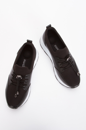 FRAPAN SOULYE Black Patent Leather and Stretch Women Shoes Daily Stylish Comfortable Orthopedic Soft-Soled Rubber Lace-Up New
