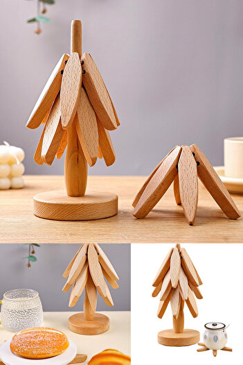 NEWNOW Bamboo Practical Trivet, Folding Trivet with Stand 3 Trivets 1 Stand