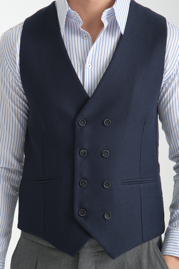 Frappoli Alfredo Dark Dark Blue Straw Fabric Basic Double Breasted V-Neck Slim Fit Vest